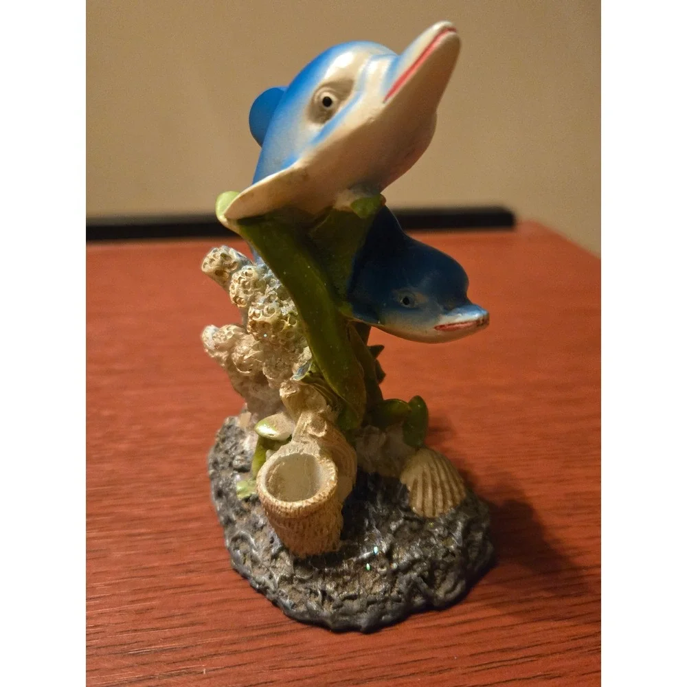 Vintage Blue Dolphin Pair Figurine Coral Reef Ocean Decor Resin Statue 5 Inch